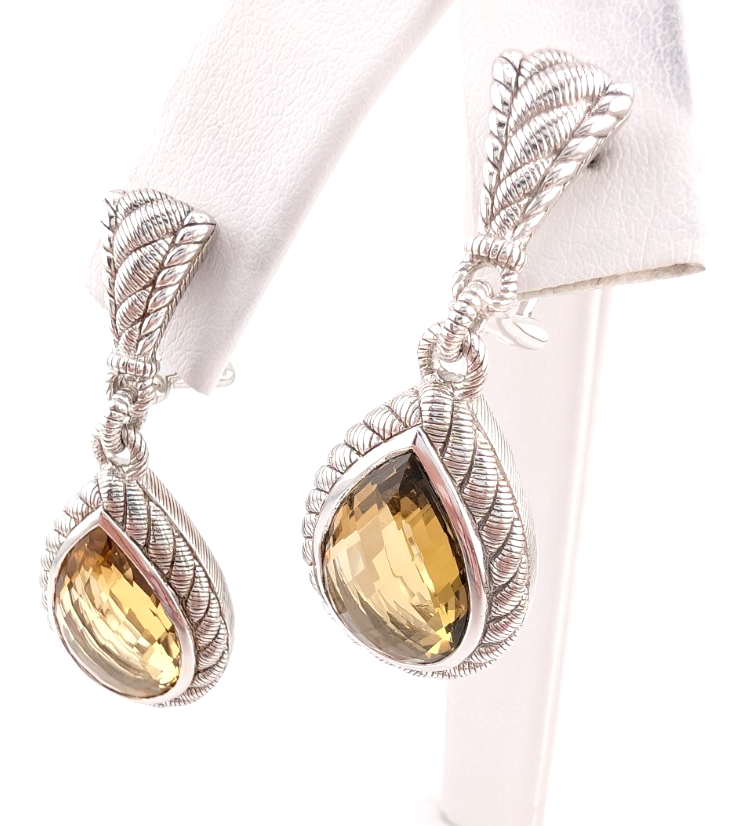 Judith Ripka Sterling Silver 925 Smoky Quartz Dangle Clip on Earrings OAK522 - Image 4