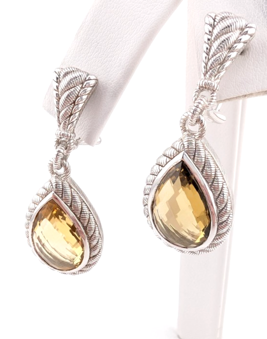 Judith Ripka Sterling Silver 925 Smoky Quartz Dangle Clip on Earrings OAK522 - Image 5