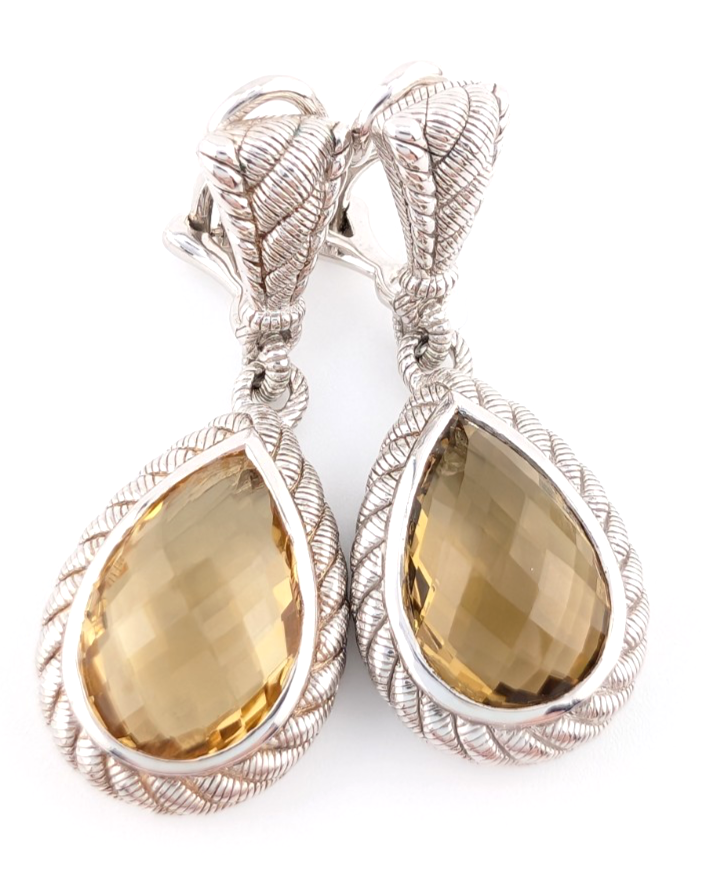 Judith Ripka Sterling Silver 925 Smoky Quartz Dangle Clip on Earrings OAK522 - Image 7