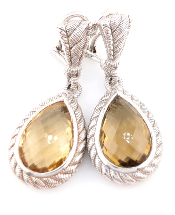 Judith Ripka Sterling Silver 925 Smoky Quartz Dangle Clip on Earrings OAK522 - Image 8