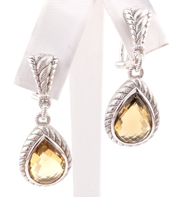Judith Ripka Sterling Silver 925 Smoky Quartz Dangle Clip on Earrings OAK522 - Image 9