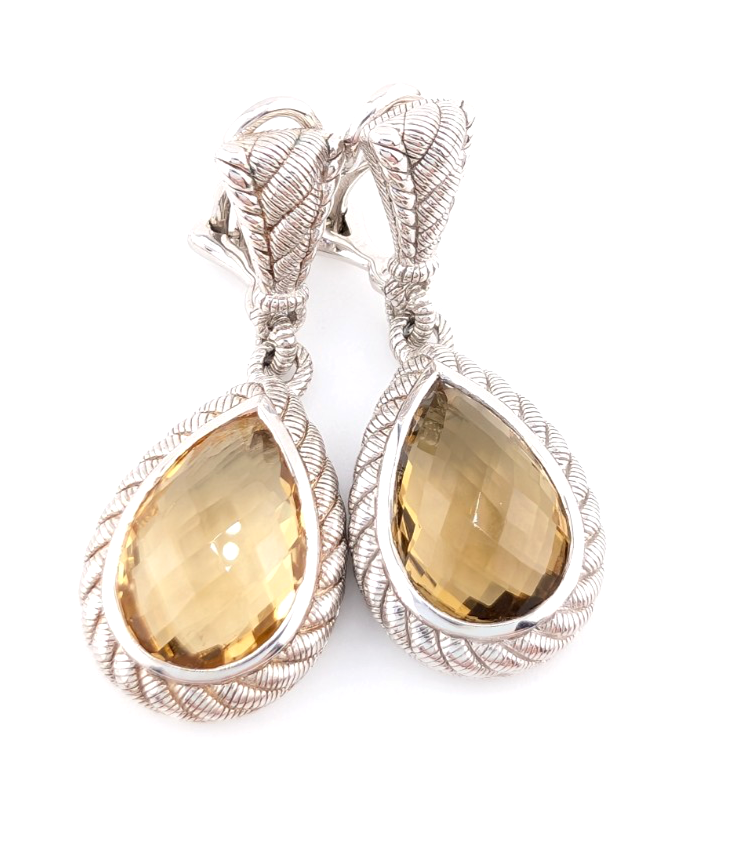 Judith Ripka Sterling Silver 925 Smoky Quartz Dangle Clip on Earrings OAK522 - Image 10
