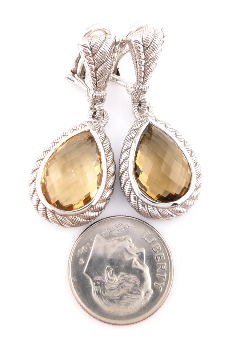 Judith Ripka Sterling Silver 925 Smoky Quartz Dangle Clip on Earrings OAK522 - Image 12