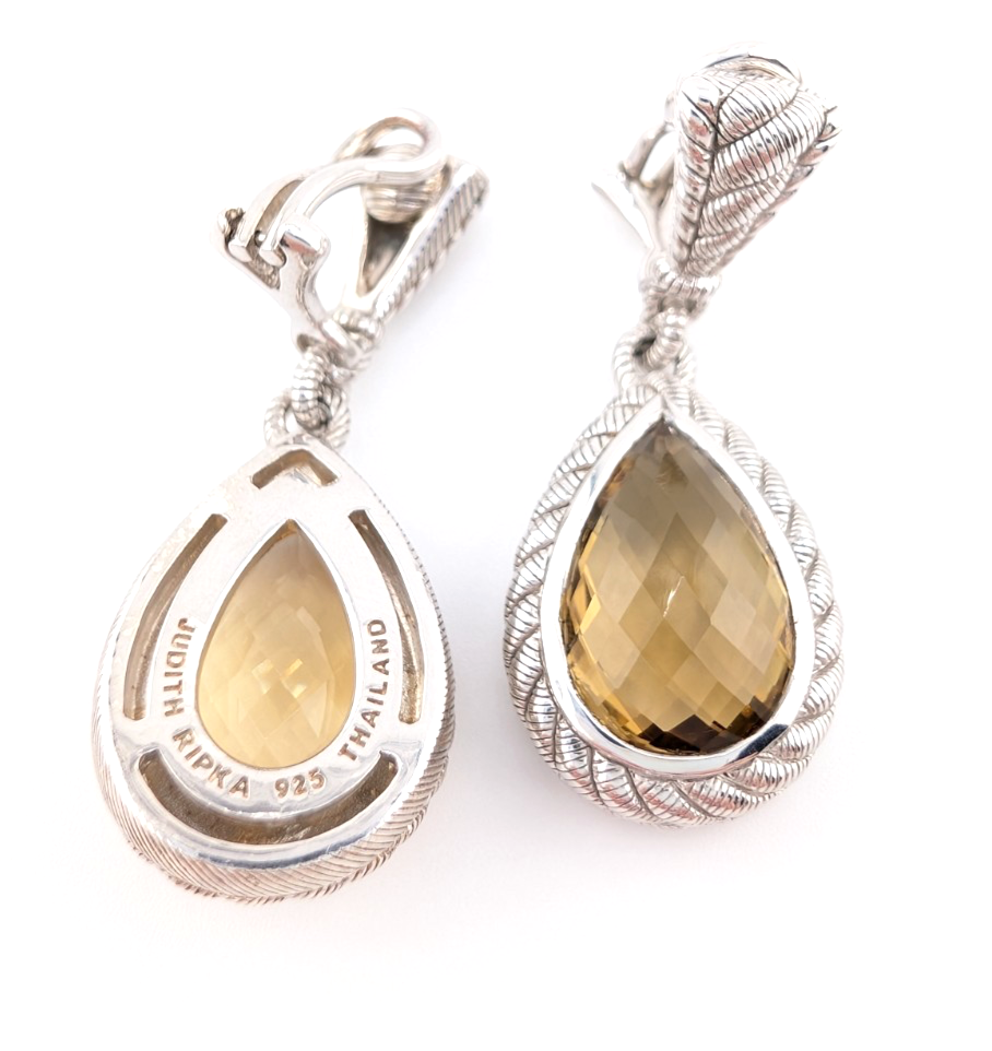 Judith Ripka Sterling Silver 925 Smoky Quartz Dangle Clip on Earrings OAK522 - Image 13