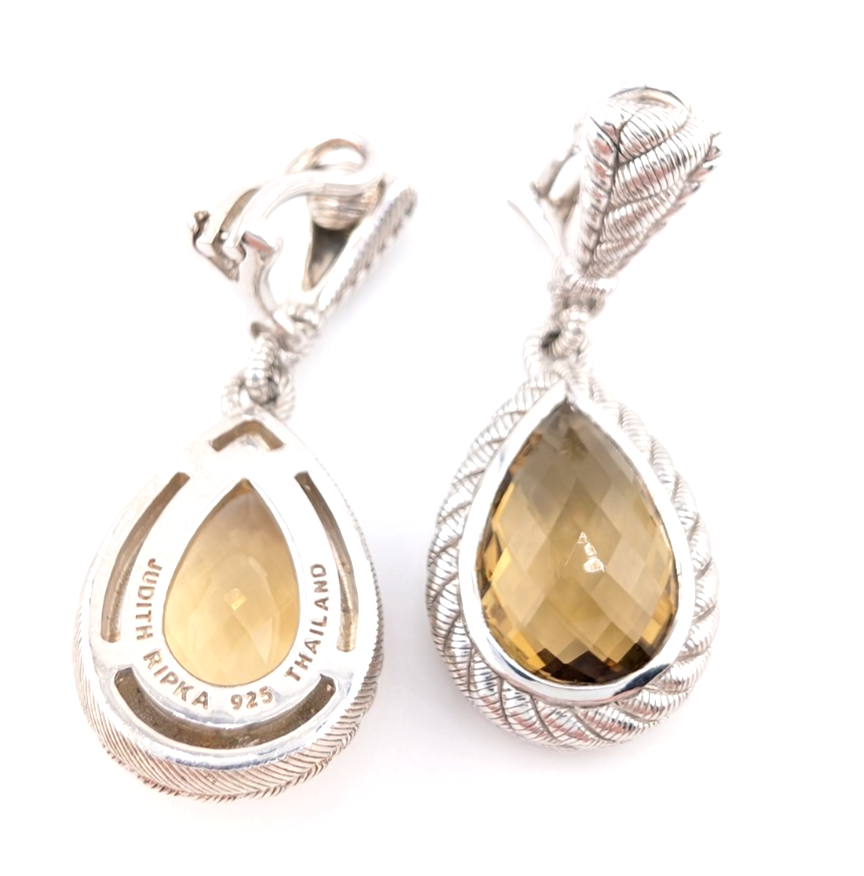 Judith Ripka Sterling Silver 925 Smoky Quartz Dangle Clip on Earrings OAK522 - Image 14
