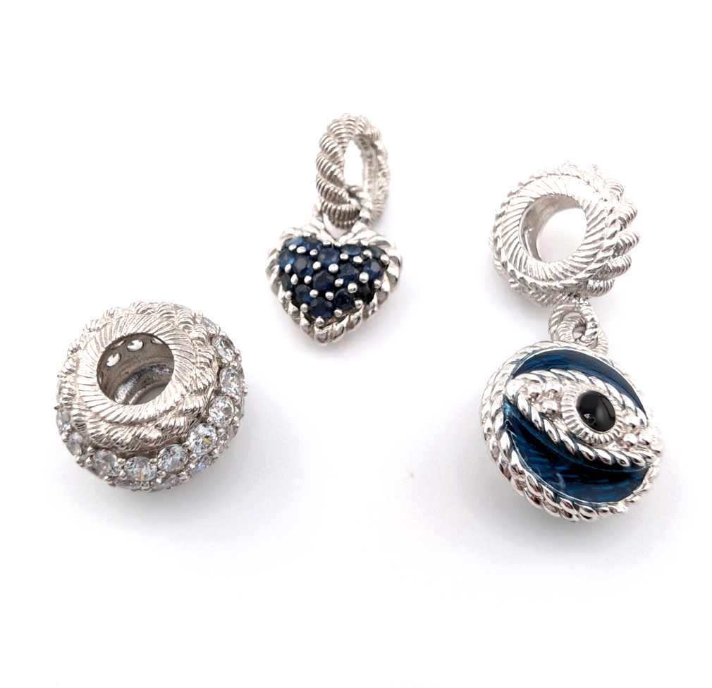 Judith Ripka 925 Misc 3 Charms Evil Eye-Sapphire Heart- Clear Gem Bead Oak884