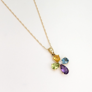 14K Yellow Gold Multi Gemstone Cross Pendant 18" Necklace P358-Fox1114