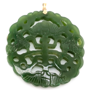 14K Yellow Gold 2.25" Carved Jade Pendant Oak734