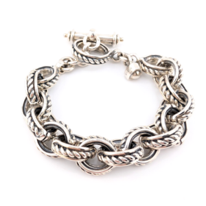 David Wysor Sterling Silver 925 Chunky Ribbed Circle Link Toggle Bracelet 16693