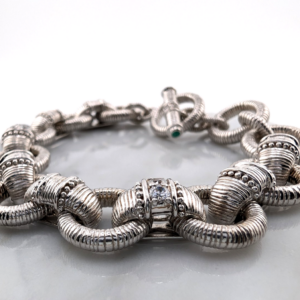 Judith Ripka Sterling Silver 925 Textured Circle Link  Toggle 8" Bracelet OAK703