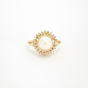 14K Yellow Gold 6.7 mm Akoya Pearl 1/4ctw Double Diamond Halo Ring 10231
