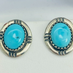 E.King Sterling Silver 925 Framed Oval Turquoise Gemstone Stud Earrings 10311