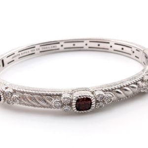 Judith Ripka Sterling Silver 925 Garnet 3 Stone Bangle7" Bracelet Oak785