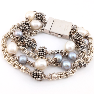 Michael Dawkins Sterling Silver 925 Rondel & Pearl 4 strand Bracelet 7.5" OAK720