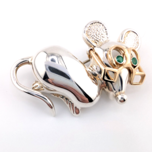 H&T Solow Sterling Silver 925/14K Emerald Eyes Mouse Pin Oak749