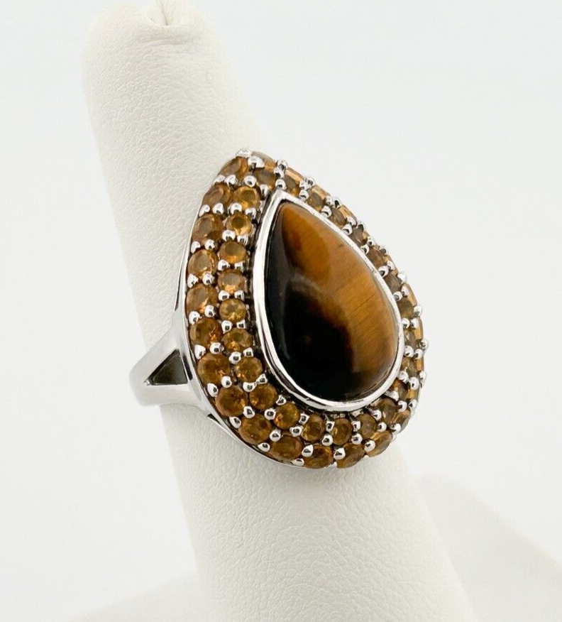 Sterling Silver 925 Teardrop Tiger's Eye Gemstone Ring O185