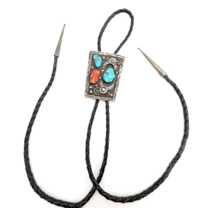 Native American Sterling Silver 925 Turquoise Black Leather Bolo R399-Fox1187