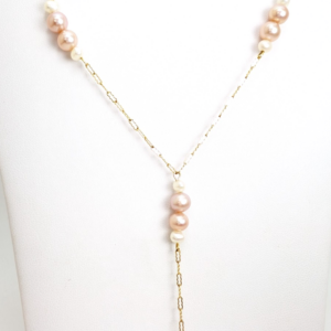 10K Yellow Gold 16" Light Pink & White Pearl Lariat Necklace P1006-Oak394