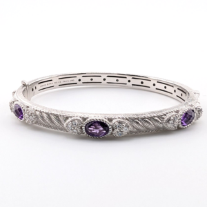 Judith Ripka Sterling Silver 925 Amethyst 3 Stone Bangle7" Bracelet Oak783