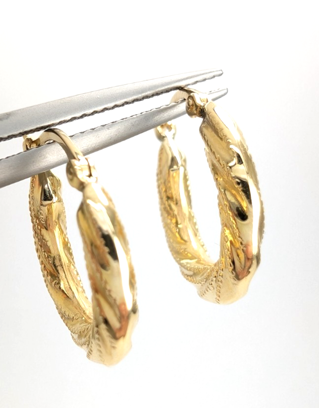 14K Yellow Gold 5/8" Textured Twisted Hoop Earrings CRN158 - Image 12