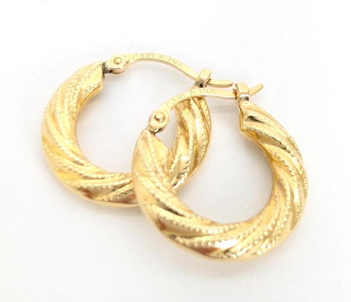 14K Yellow Gold 5/8" Textured Twisted Hoop Earrings CRN158 - Image 13