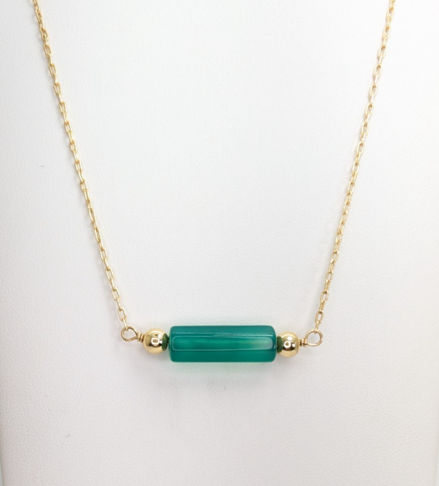 14K Yellow Gold Green Jade Gemstone Bar Necklace FOX1501 - Image 2