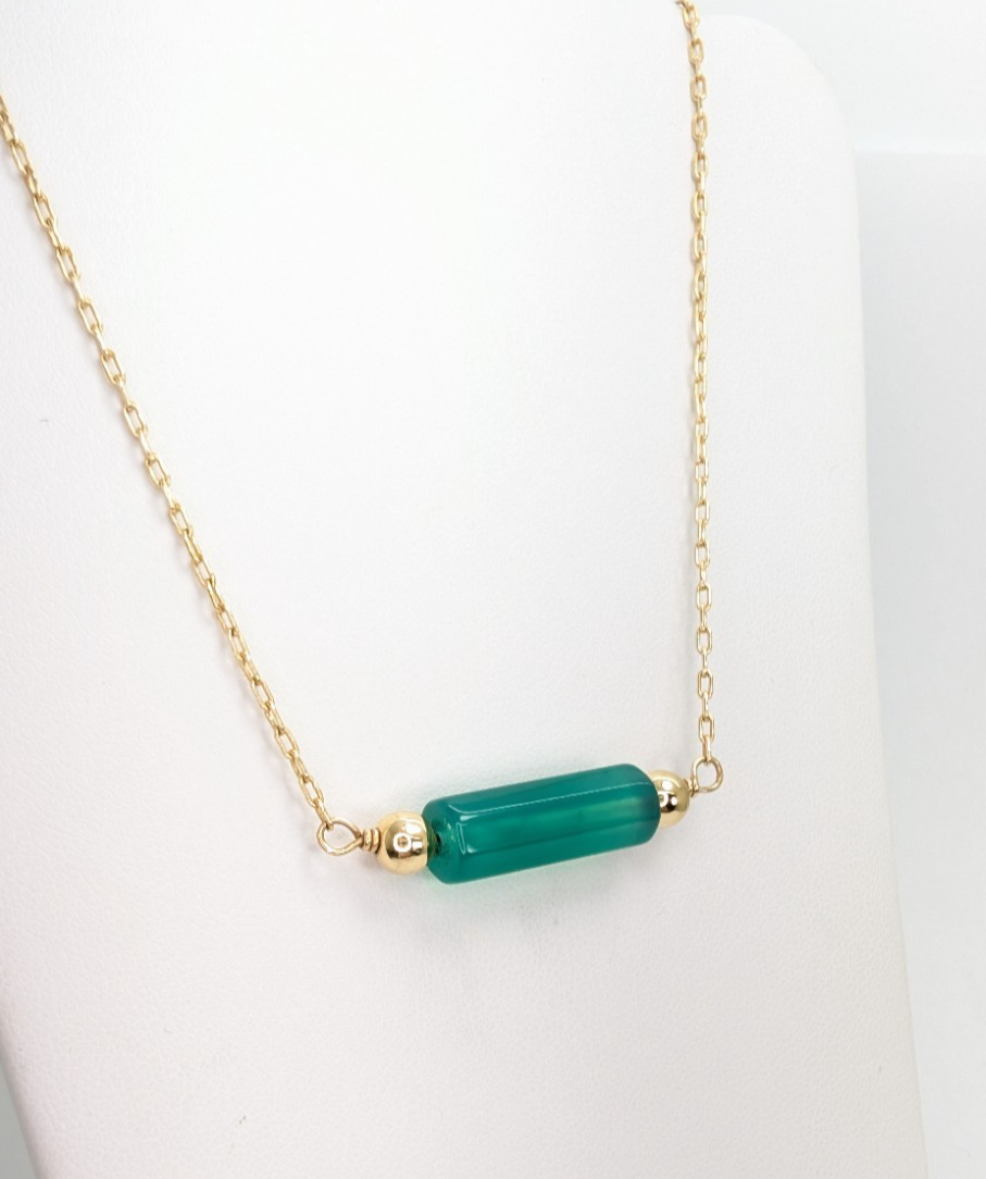 14K Yellow Gold Green Jade Gemstone Bar Necklace FOX1501 - Image 3
