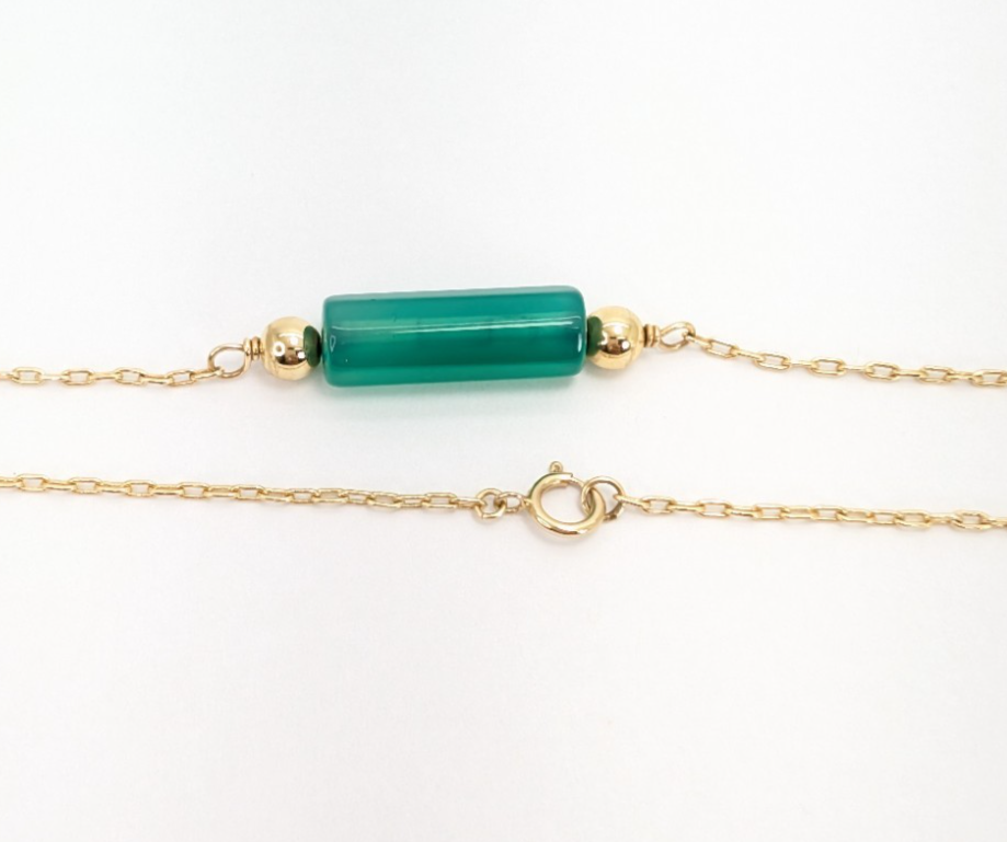 14K Yellow Gold Green Jade Gemstone Bar Necklace FOX1501 - Image 4