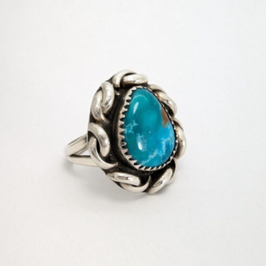 Sterling Silver 925 Twisted Silver Framed Turquoise Signed MLS Ring O1364