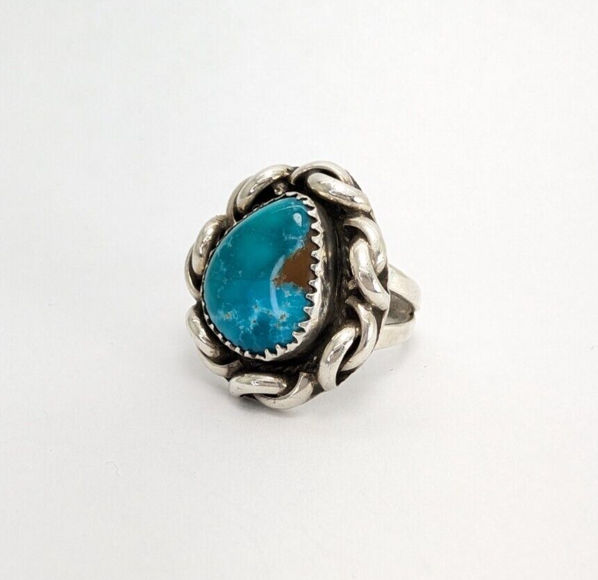 Sterling Silver 925 Twisted Silver Framed Turquoise Signed MLS Ring O1364 - Image 2