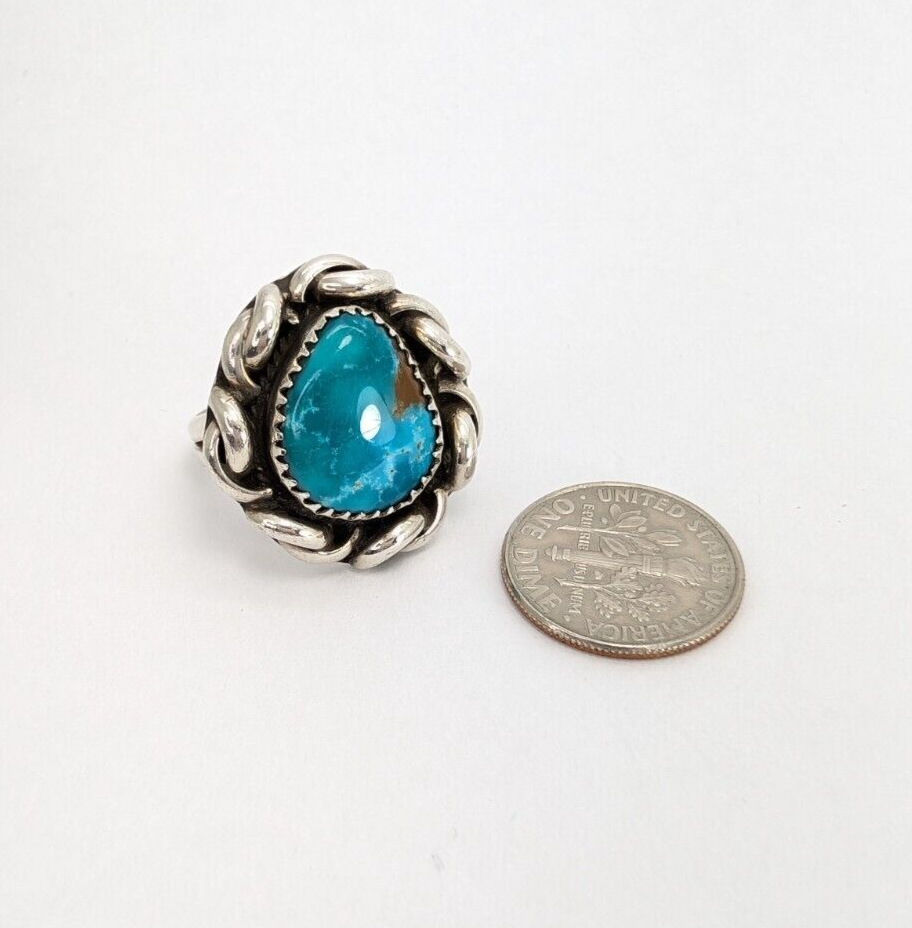 Sterling Silver 925 Twisted Silver Framed Turquoise Signed MLS Ring O1364 - Image 5