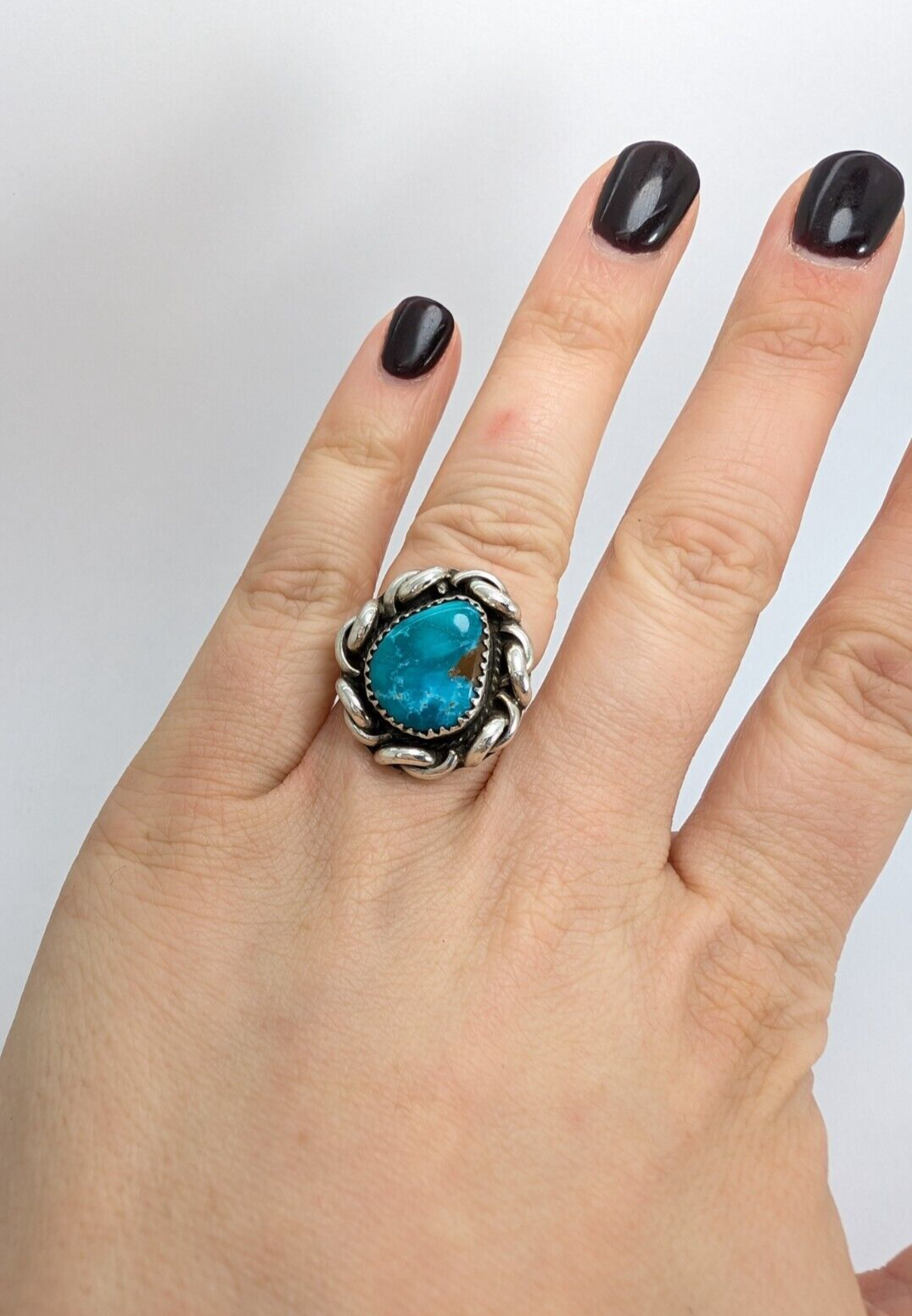 Sterling Silver 925 Twisted Silver Framed Turquoise Signed MLS Ring O1364 - Image 6