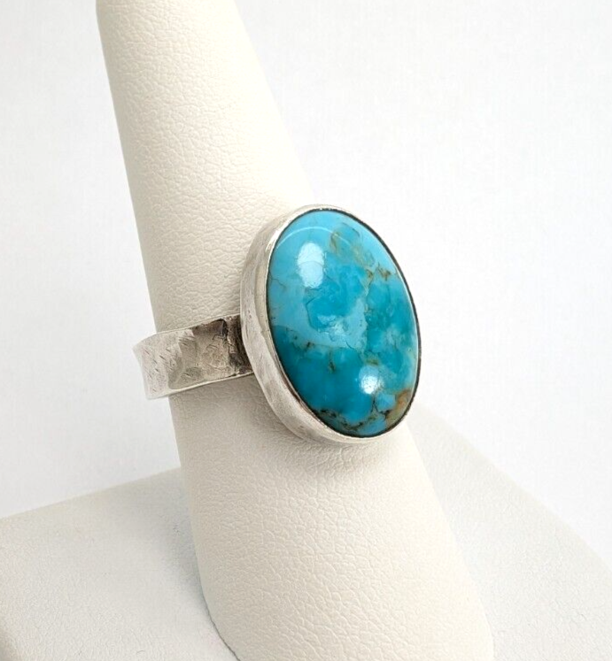 Sterling Silver 925 Oval Turquoise Gemstone Hammered Band Ring 10296