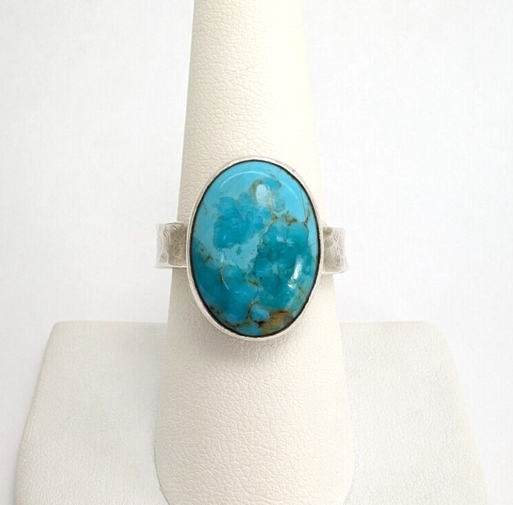 Sterling Silver 925 Oval Turquoise Gemstone Hammered Band Ring 10296 - Image 2