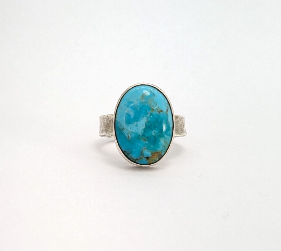 Sterling Silver 925 Oval Turquoise Gemstone Hammered Band Ring 10296 - Image 3