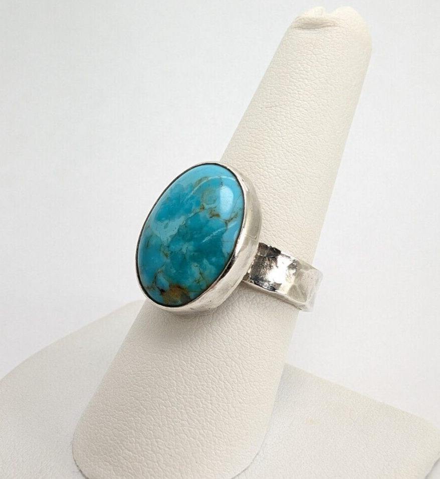 Sterling Silver 925 Oval Turquoise Gemstone Hammered Band Ring 10296 - Image 4