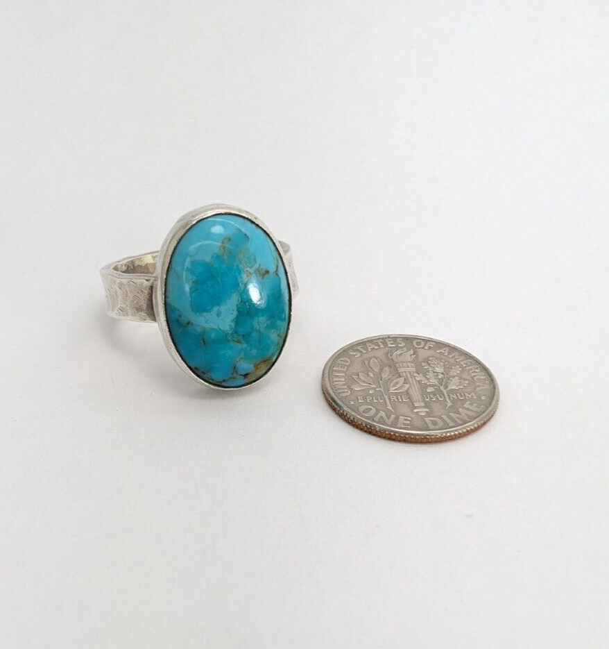 Sterling Silver 925 Oval Turquoise Gemstone Hammered Band Ring 10296 - Image 6