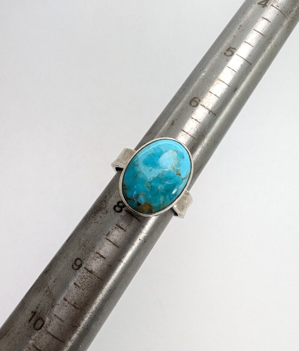 Sterling Silver 925 Oval Turquoise Gemstone Hammered Band Ring 10296 - Image 8