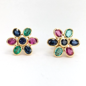 18K Yellow Gold Sapphire Ruby Emerald Flower Stud Earrings P407-Fox1164