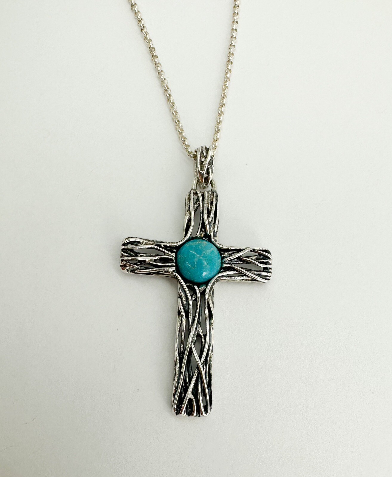 Israel PZ 925 Wire Cross with Turquoise Pendant 18" Necklace 10955 - Image 2