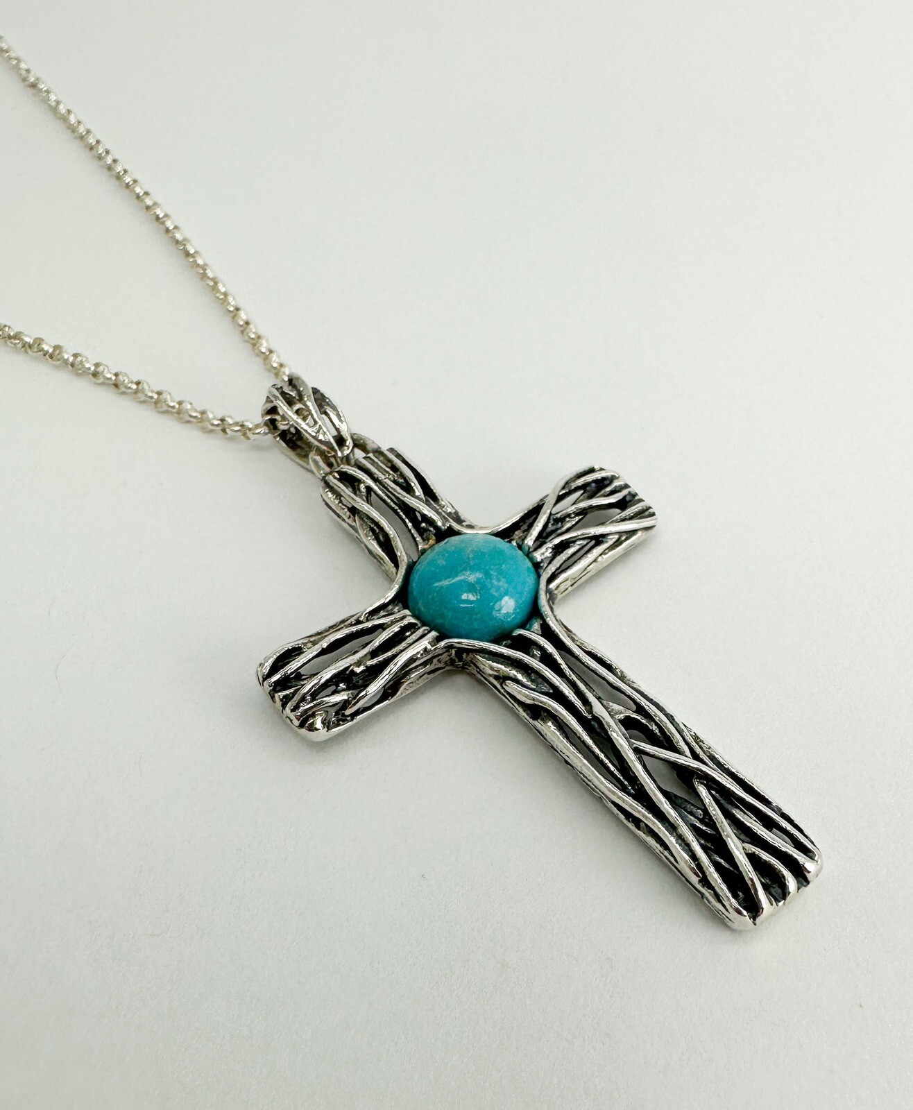 Israel PZ 925 Wire Cross with Turquoise Pendant 18" Necklace 10955 - Image 3