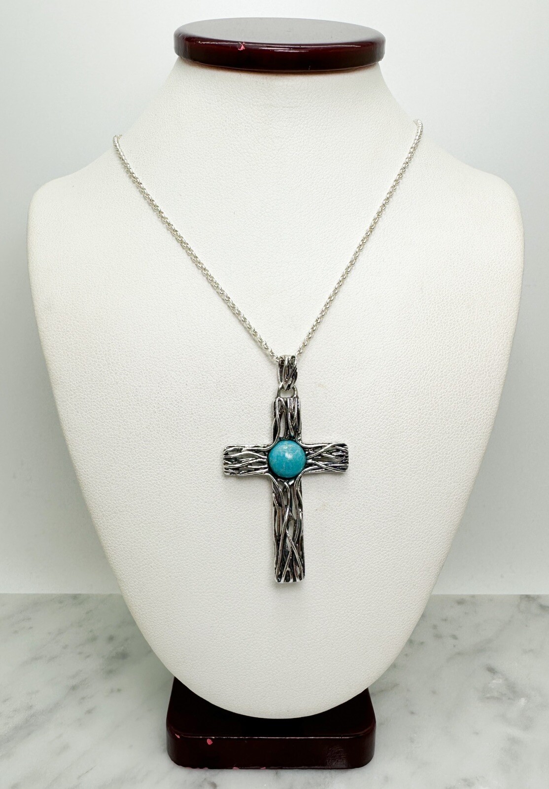 Israel PZ 925 Wire Cross with Turquoise Pendant 18" Necklace 10955 - Image 5