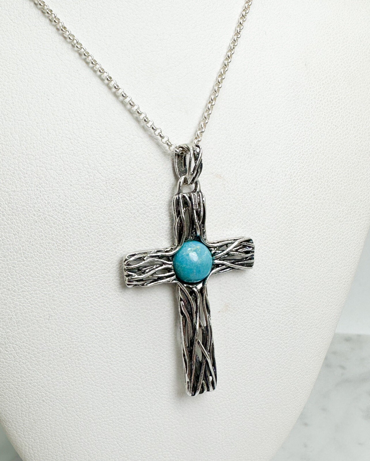 Israel PZ 925 Wire Cross with Turquoise Pendant 18" Necklace 10955 - Image 6