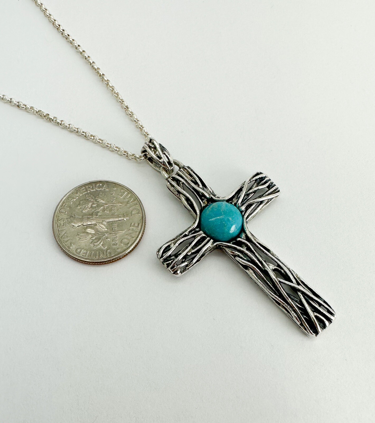 Israel PZ 925 Wire Cross with Turquoise Pendant 18" Necklace 10955 - Image 7