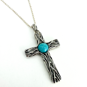 Israel PZ  925 Wire Cross with Turquoise Pendant 18" Necklace 10955