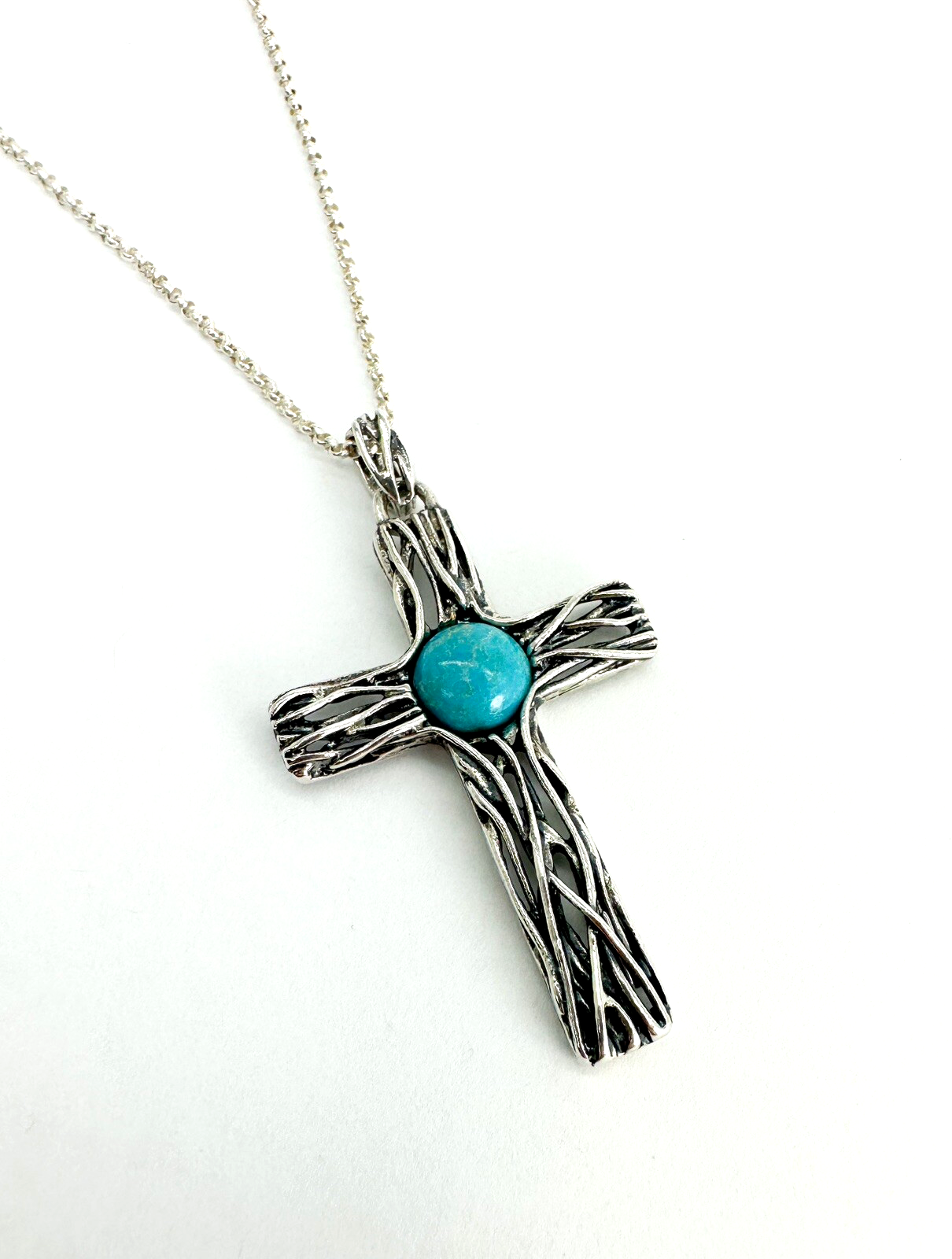 Israel PZ 925 Wire Cross with Turquoise Pendant 18" Necklace 10955