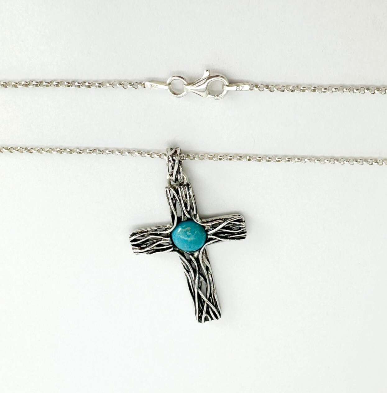Israel PZ 925 Wire Cross with Turquoise Pendant 18" Necklace 10955 - Image 4