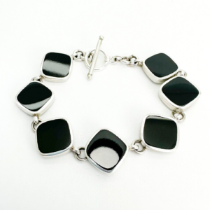 Sterling Silver 925 Black Onyx Gemstone Link Toggle 7" Bracelet 10965