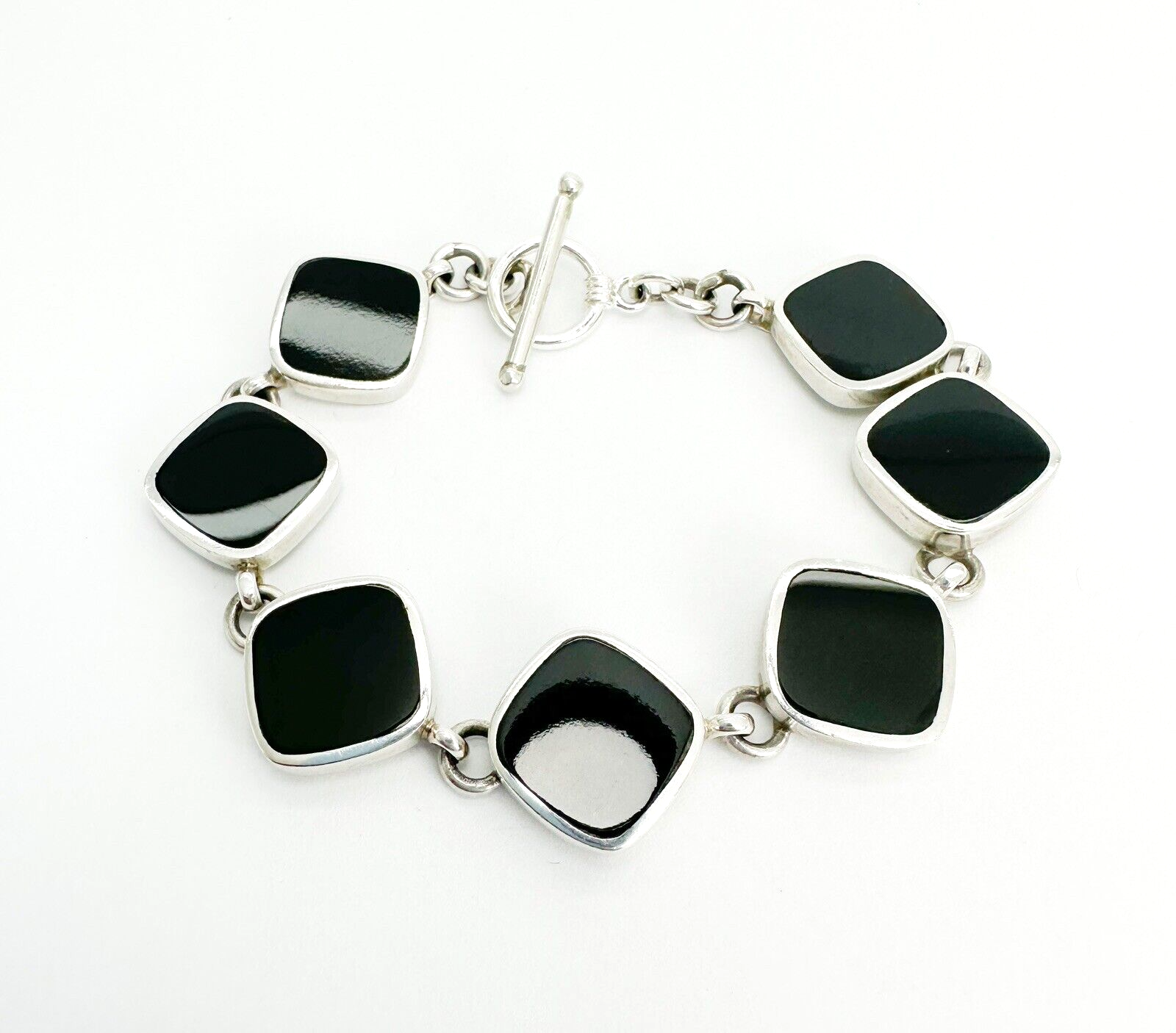 Sterling Silver 925 Black Onyx Gemstone Link Toggle 7" Bracelet 10965