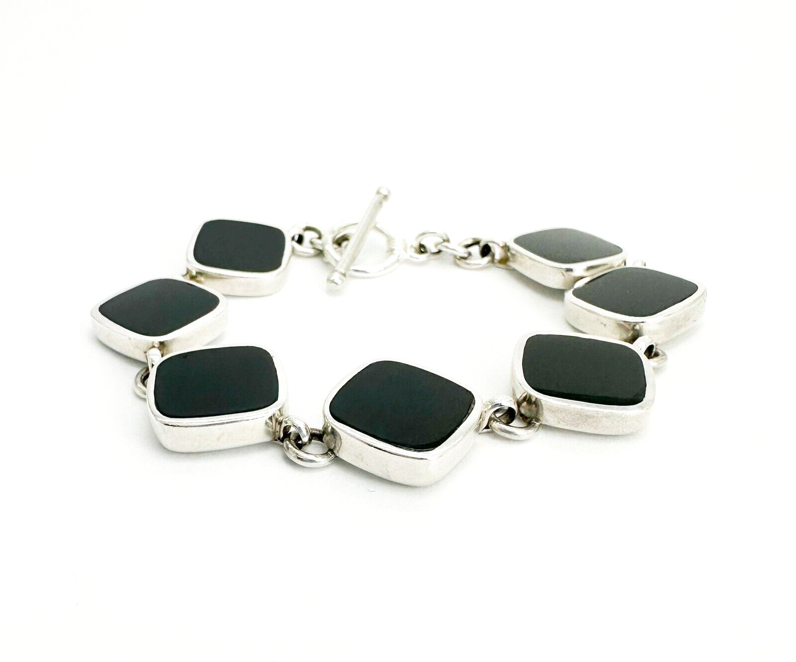 Sterling Silver 925 Black Onyx Gemstone Link Toggle 7" Bracelet 10965 - Image 2